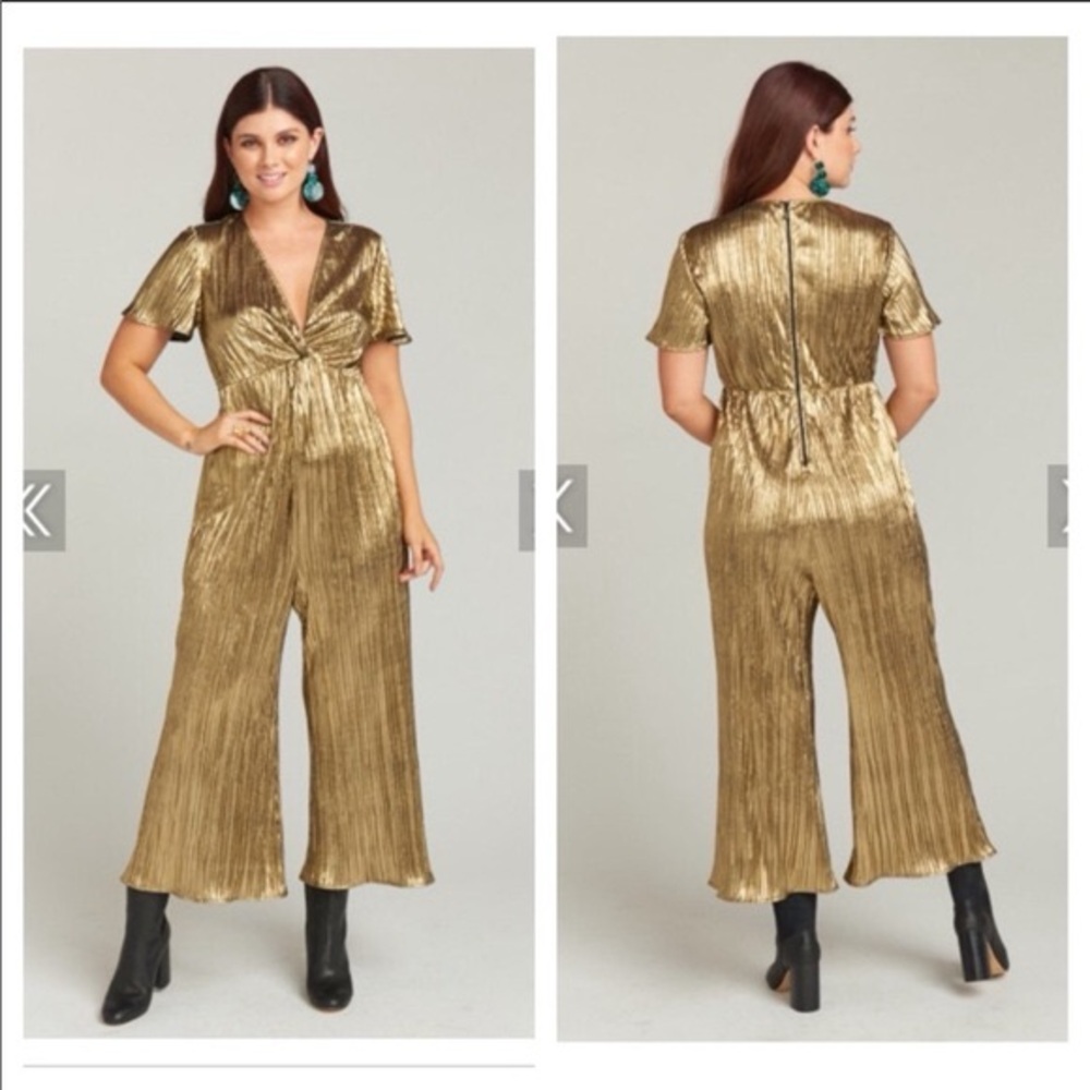 Show Me Your Mumu Women’s Metallic Gold Plisse Wide Leg Jumpsuit Size Small